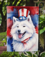 Load image into Gallery viewer, Samoyed Patriotic American Garden Flag – Dog in Uncle Sam Hat | Red, White &amp; Blue Outdoor Decor