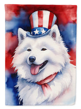 Load image into Gallery viewer, Samoyed Patriotic American Garden Flag – Dog in Uncle Sam Hat | Red, White &amp; Blue Outdoor Decor