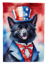 Load image into Gallery viewer, Schipperke Patriotic American Garden Flag – Dog in Uncle Sam Hat | Red, White &amp; Blue Outdoor Decor
