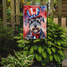 Load image into Gallery viewer, Schnauzer Patriotic American Garden Flag – Dog in Uncle Sam Hat | Red, White &amp; Blue Outdoor Decor