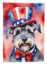 Load image into Gallery viewer, Schnauzer Patriotic American Garden Flag – Dog in Uncle Sam Hat | Red, White &amp; Blue Outdoor Decor