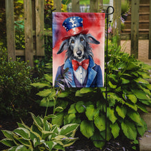 Load image into Gallery viewer, Scottish Deerhound Patriotic American Garden Flag – Dog in Uncle Sam Hat | Red, White &amp; Blue Outdoor Decor