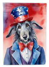 Load image into Gallery viewer, Scottish Deerhound Patriotic American Garden Flag – Dog in Uncle Sam Hat | Red, White &amp; Blue Outdoor Decor