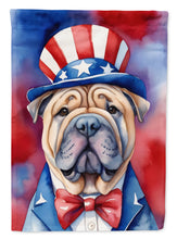 Load image into Gallery viewer, Shar Pei Patriotic American Garden Flag – Dog in Uncle Sam Hat | Red, White &amp; Blue Outdoor Decor