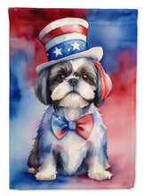Load image into Gallery viewer, Shih Tzu Patriotic American Garden Flag – Dog in Uncle Sam Hat | Red, White &amp; Blue Outdoor Decor