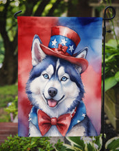 Load image into Gallery viewer, Siberian Husky Patriotic American Garden Flag – Dog in Uncle Sam Hat | Red, White &amp; Blue Outdoor Decor