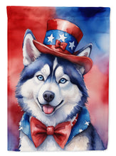 Load image into Gallery viewer, Siberian Husky Patriotic American Garden Flag – Dog in Uncle Sam Hat | Red, White &amp; Blue Outdoor Decor