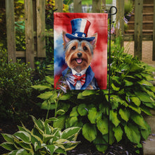Load image into Gallery viewer, Silky Terrier Patriotic American Garden Flag – Dog in Uncle Sam Hat | Red, White &amp; Blue Outdoor Decor