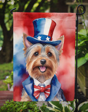 Load image into Gallery viewer, Silky Terrier Patriotic American Garden Flag – Dog in Uncle Sam Hat | Red, White &amp; Blue Outdoor Decor