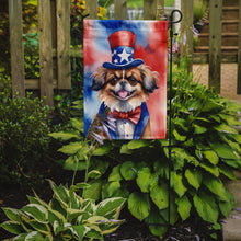 Load image into Gallery viewer, Tibetan Spaniel Patriotic American Garden Flag – Dog in Uncle Sam Hat | Red, White &amp; Blue Outdoor Decor