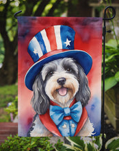 Load image into Gallery viewer, Tibetan Terrier Patriotic American Garden Flag – Dog in Uncle Sam Hat | Red, White &amp; Blue Outdoor Decor