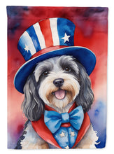Load image into Gallery viewer, Tibetan Terrier Patriotic American Garden Flag – Dog in Uncle Sam Hat | Red, White &amp; Blue Outdoor Decor