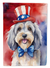 Load image into Gallery viewer, Tibetan Terrier Patriotic American Garden Flag – Dog in Uncle Sam Hat | Red, White &amp; Blue Outdoor Decor