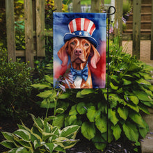 Load image into Gallery viewer, Vizsla Patriotic American Garden Flag – Dog in Uncle Sam Hat | Red, White &amp; Blue Outdoor Decor