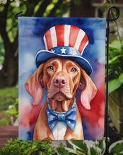 Load image into Gallery viewer, Vizsla Patriotic American Garden Flag – Dog in Uncle Sam Hat | Red, White &amp; Blue Outdoor Decor