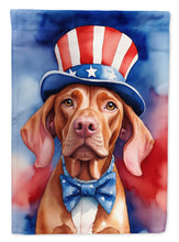 Load image into Gallery viewer, Vizsla Patriotic American Garden Flag – Dog in Uncle Sam Hat | Red, White &amp; Blue Outdoor Decor