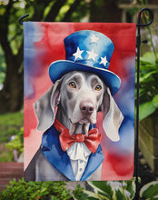 Load image into Gallery viewer, Weimaraner Patriotic American Garden Flag – Dog in Uncle Sam Hat | Red, White &amp; Blue Outdoor Decor