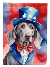 Load image into Gallery viewer, Weimaraner Patriotic American Garden Flag – Dog in Uncle Sam Hat | Red, White &amp; Blue Outdoor Decor