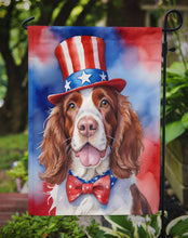 Load image into Gallery viewer, Welsh Springer Spaniel Patriotic American Garden Flag – Dog in Uncle Sam Hat | Red, White &amp; Blue Outdoor Decor