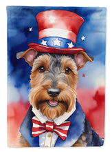 Load image into Gallery viewer, Welsh Terrier Patriotic American Garden Flag – Dog in Uncle Sam Hat | Red, White &amp; Blue Outdoor Decor