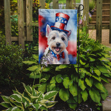 Load image into Gallery viewer, Westie Patriotic American Garden Flag – Dog in Uncle Sam Hat | Red, White &amp; Blue Outdoor Decor