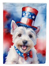 Load image into Gallery viewer, Westie Patriotic American Garden Flag – Dog in Uncle Sam Hat | Red, White &amp; Blue Outdoor Decor