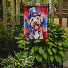 Load image into Gallery viewer, Wheaten Terrier Patriotic American Garden Flag – Dog in Uncle Sam Hat | Red, White &amp; Blue Outdoor Decor