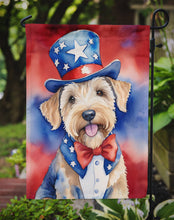 Load image into Gallery viewer, Wheaten Terrier Patriotic American Garden Flag – Dog in Uncle Sam Hat | Red, White &amp; Blue Outdoor Decor