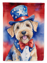 Load image into Gallery viewer, Wheaten Terrier Patriotic American Garden Flag – Dog in Uncle Sam Hat | Red, White &amp; Blue Outdoor Decor
