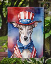 Load image into Gallery viewer, Whippet Patriotic American Garden Flag – Dog in Uncle Sam Hat | Red, White &amp; Blue Outdoor Decor