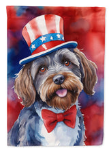 Load image into Gallery viewer, Wirehaired Pointing Griffon Patriotic American Garden Flag – Dog in Uncle Sam Hat | Red, White &amp; Blue Outdoor Decor