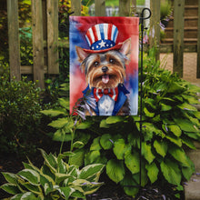 Load image into Gallery viewer, Yorkshire Terrier Patriotic American Garden Flag – Dog in Uncle Sam Hat | Red, White &amp; Blue Outdoor Decor
