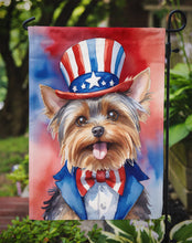 Load image into Gallery viewer, Yorkshire Terrier Patriotic American Garden Flag – Dog in Uncle Sam Hat | Red, White &amp; Blue Outdoor Decor