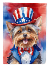Load image into Gallery viewer, Yorkshire Terrier Patriotic American Garden Flag – Dog in Uncle Sam Hat | Red, White &amp; Blue Outdoor Decor