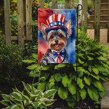 Load image into Gallery viewer, Yorkshire Terrier Patriotic American Garden Flag – Dog in Uncle Sam Hat | Red, White &amp; Blue Outdoor Decor