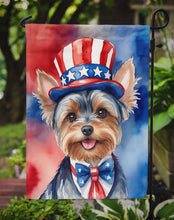 Load image into Gallery viewer, Yorkshire Terrier Patriotic American Garden Flag – Dog in Uncle Sam Hat | Red, White &amp; Blue Outdoor Decor
