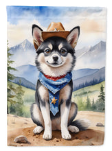 Load image into Gallery viewer, Alaskan Klee Kai Cowboy Welcome Garden Flag – Western Dog Yard Decor with Mountain Landscape