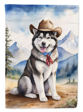 Load image into Gallery viewer, Alaskan Malamute Cowboy Welcome Garden Flag – Western Dog Yard Decor with Mountain Landscape