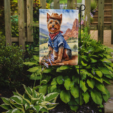 Load image into Gallery viewer, Australian Terrier Cowboy Welcome Garden Flag – Western Dog Yard Decor with Mountain Landscape