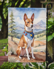 Load image into Gallery viewer, Basenji Cowboy Welcome Garden Flag – Western Dog Yard Decor with Mountain Landscape