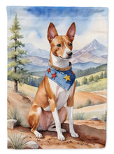 Load image into Gallery viewer, Basenji Cowboy Welcome Garden Flag – Western Dog Yard Decor with Mountain Landscape