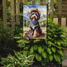 Load image into Gallery viewer, Bernedoodle Cowboy Welcome Garden Flag – Western Dog Yard Decor with Mountain Landscape