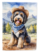 Load image into Gallery viewer, Bernedoodle Cowboy Welcome Garden Flag – Western Dog Yard Decor with Mountain Landscape