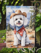 Load image into Gallery viewer, Bichon Frise Cowboy Welcome Garden Flag – Western Dog Yard Decor with Mountain Landscape