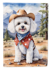 Load image into Gallery viewer, Bichon Frise Cowboy Welcome Garden Flag – Western Dog Yard Decor with Mountain Landscape