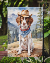 Load image into Gallery viewer, Brittany Spaniel Cowboy Welcome Garden Flag – Western Dog Yard Decor with Mountain Landscape