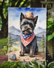 Load image into Gallery viewer, Cairn Terrier Cowboy Welcome Garden Flag – Western Dog Yard Decor with Mountain Landscape