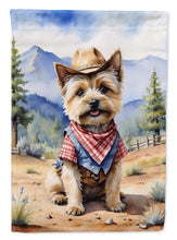 Load image into Gallery viewer, Cairn Terrier Cowboy Welcome Garden Flag – Western Dog Yard Decor with Mountain Landscape