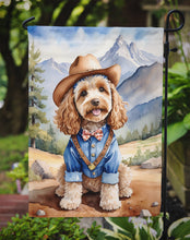 Load image into Gallery viewer, Cockapoo Cowboy Welcome Garden Flag – Western Dog Yard Decor with Mountain Landscape
