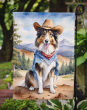 Load image into Gallery viewer, Collie Cowboy Welcome Garden Flag – Western Dog Yard Decor with Mountain Landscape